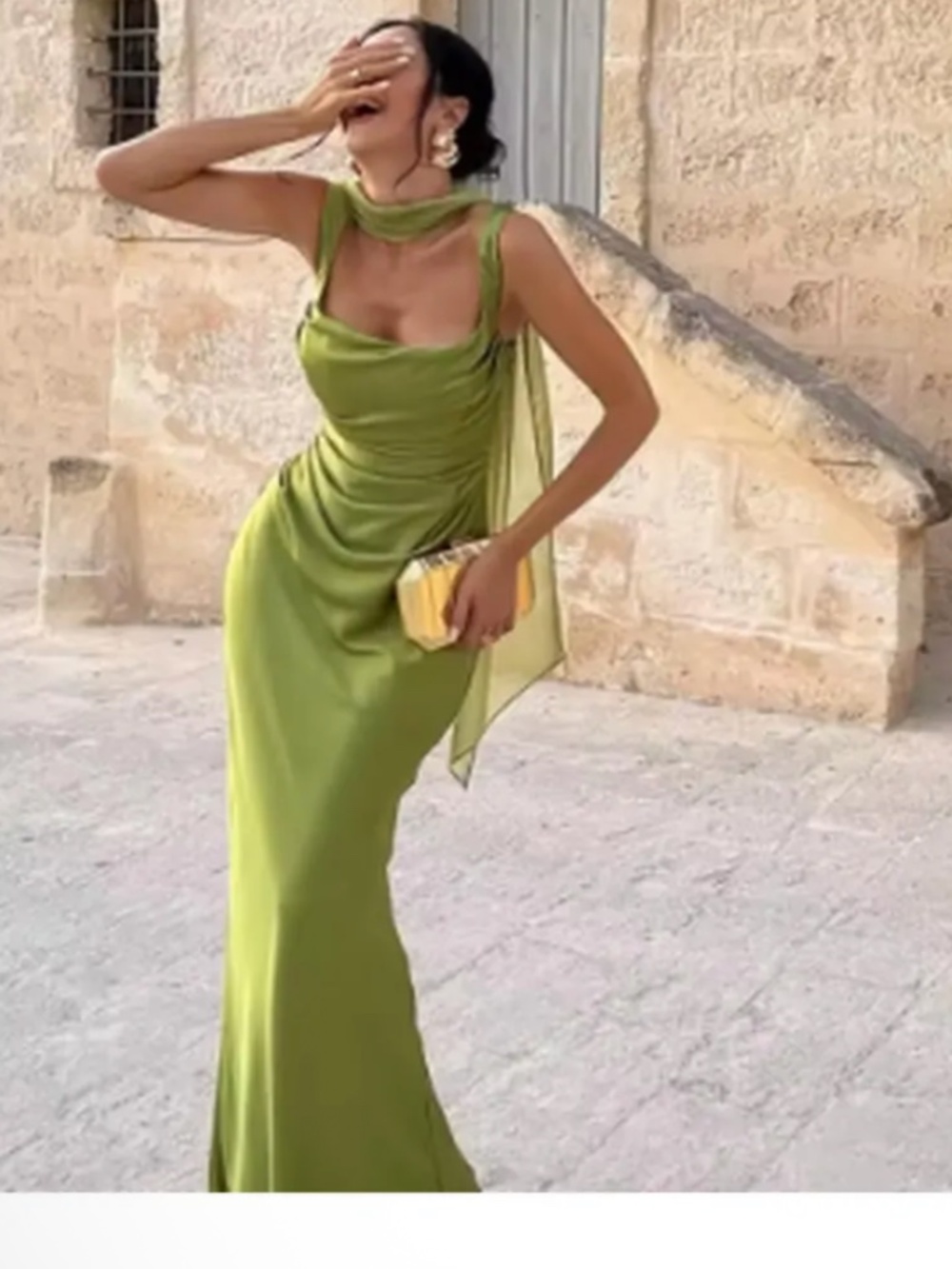 Olive Green Satin Cowl Neck Maxi Dress, Elegant Formal Event Gown